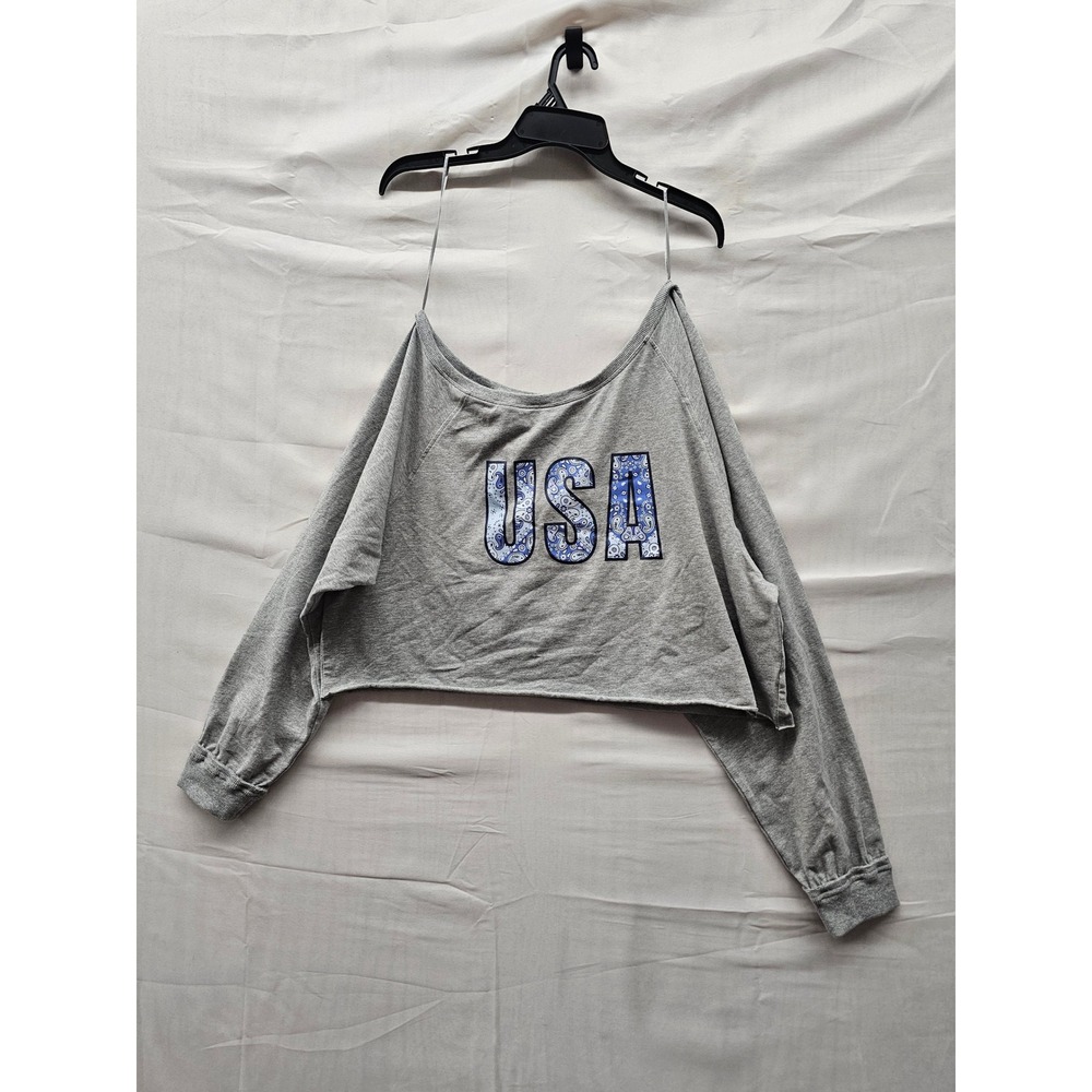 JoyLab Womens USA Graphic Long Sleeve Crop Top Grey Cotton Blend Size Large